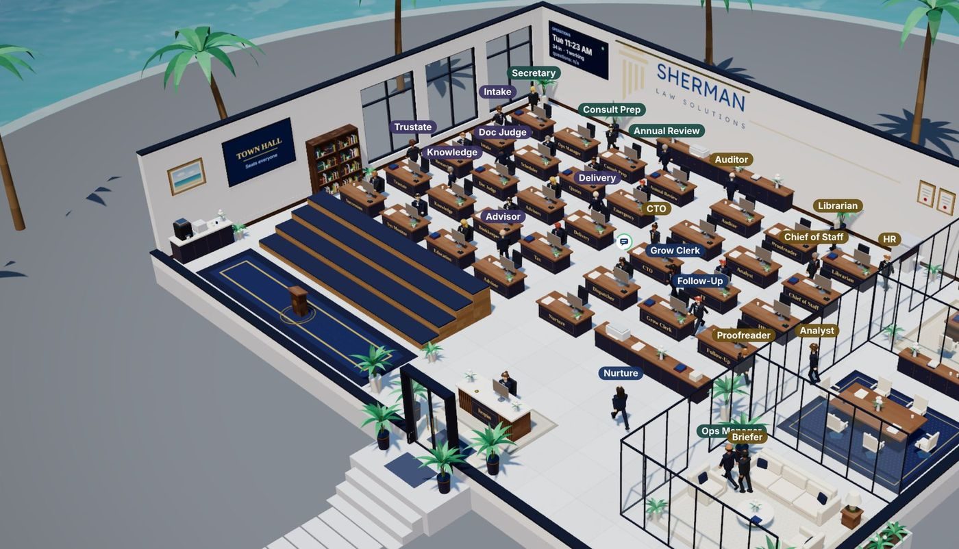 Overhead view of customer #1's AI-staffed office floor with labeled desks such as Intake, Chief of Staff, Doc Judge and Delivery