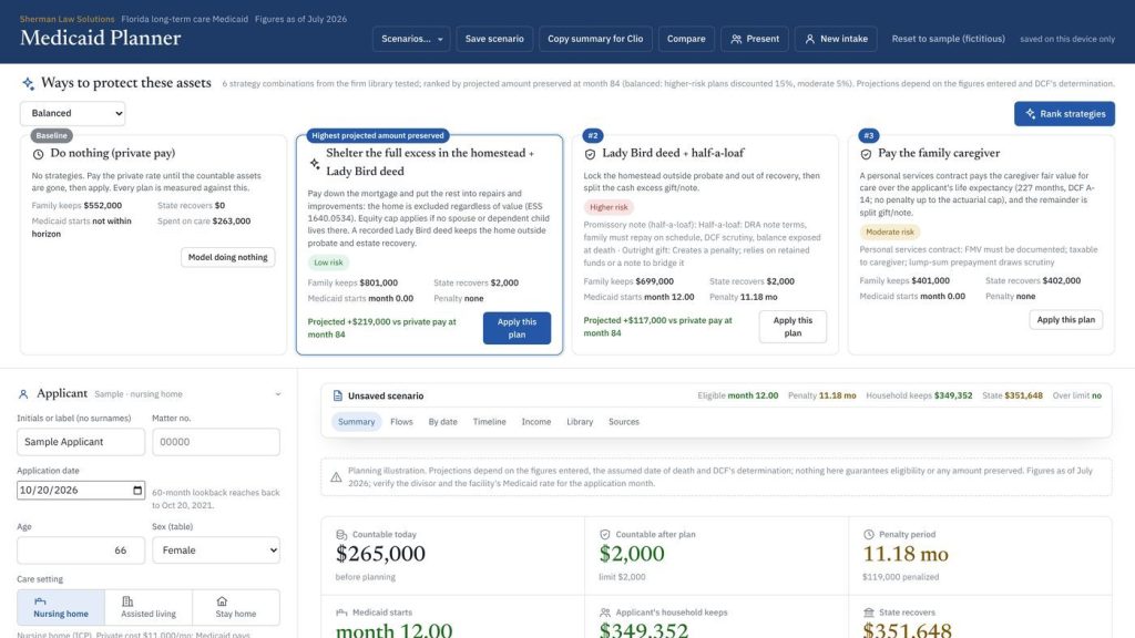 A Medicaid planning tool built for customer #1, ranking asset-protection strategies on a sample applicant